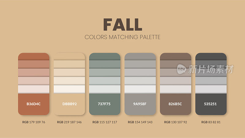 秋季色彩主题系列的调色板。配色方案或颜色图表模板。颜色组合集的RGB, HSL和HEX代码。色块的艺术，时尚，家居设计，或网页设计。